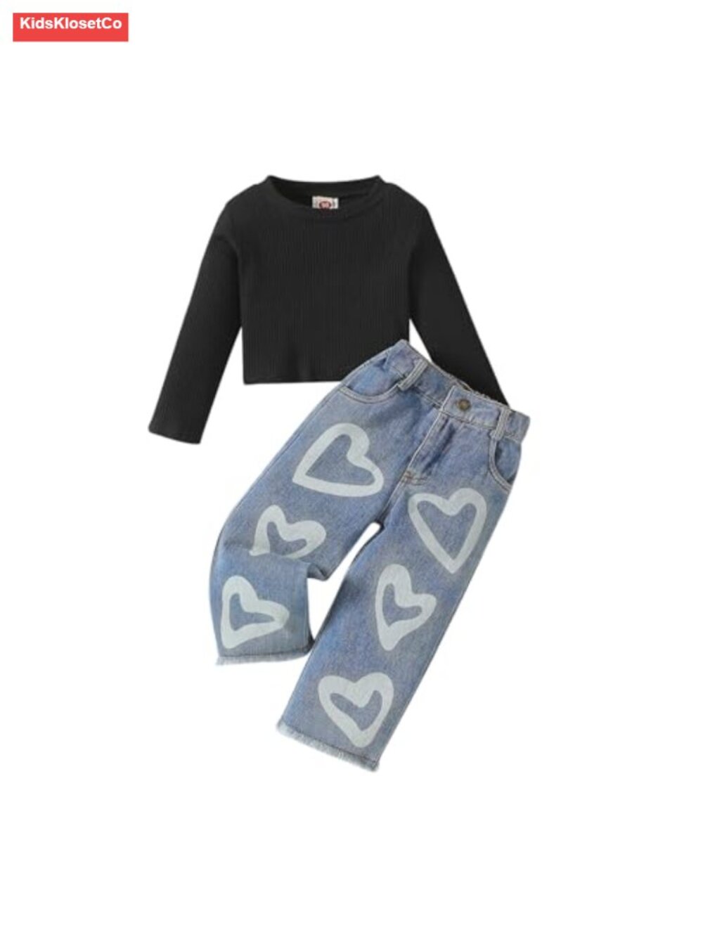 Toddler Girl Fall Jeans Outfit Ribbed Top Flare Pants Heart Print